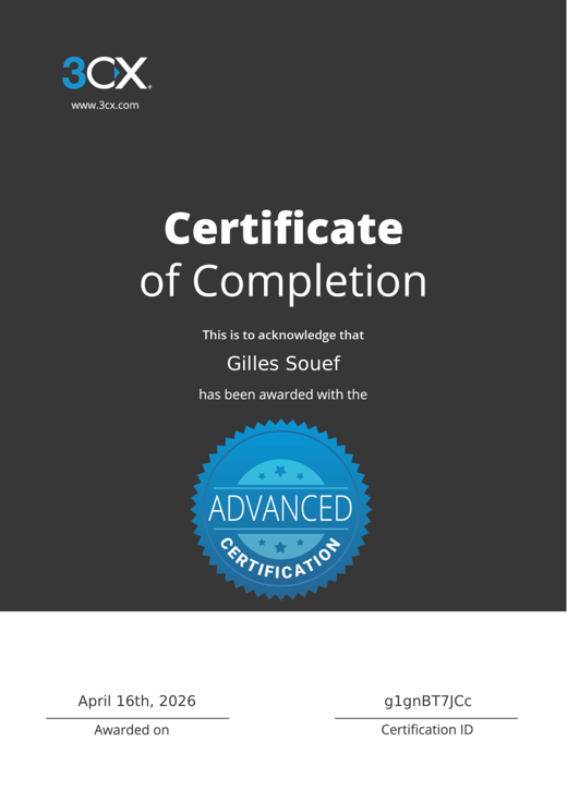 Certificat 3CX Advanced Certified Engineer V20 délivré à Gilles Souef, fondateur de 4iNTE